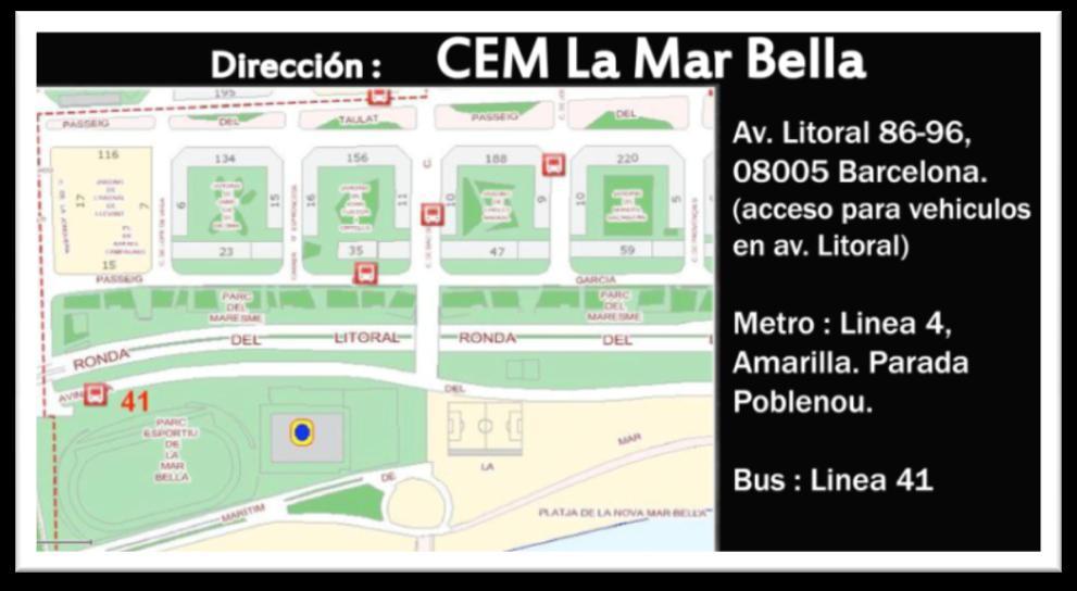 BUS : Bus Line 41, Mar Bella station. Bus stops in front of the center. For detailed bus and metro routes, check the metropolitan transportation web http://www.tmb.