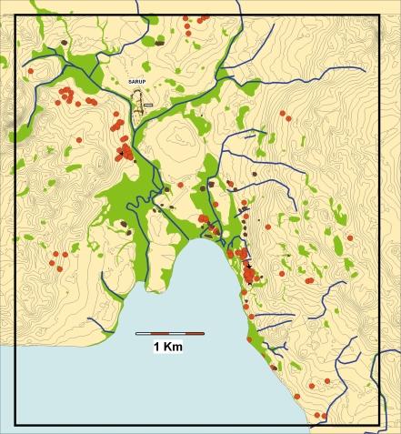 NIELS H. ANDERSEN Figure 2. The project area around the Sarup enclosures. Red dots mark the sites of megalithic tombs and brown ones settlement areas dating from the period between 3400 and 3200 BC.