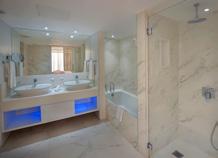 Spacious and luxurious bathroom with twin vanity and large bathtub with rain shower system and a separate walk-in shower Exclusive