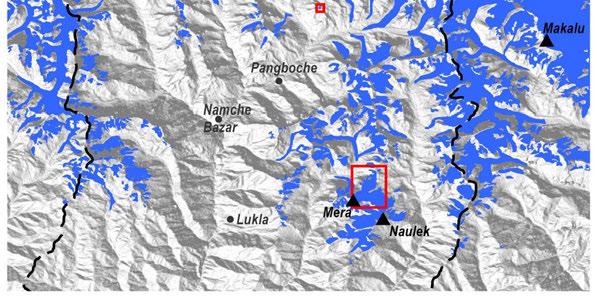 Nup glaciers are located (large red squares). Glaciers are represented in blue.
