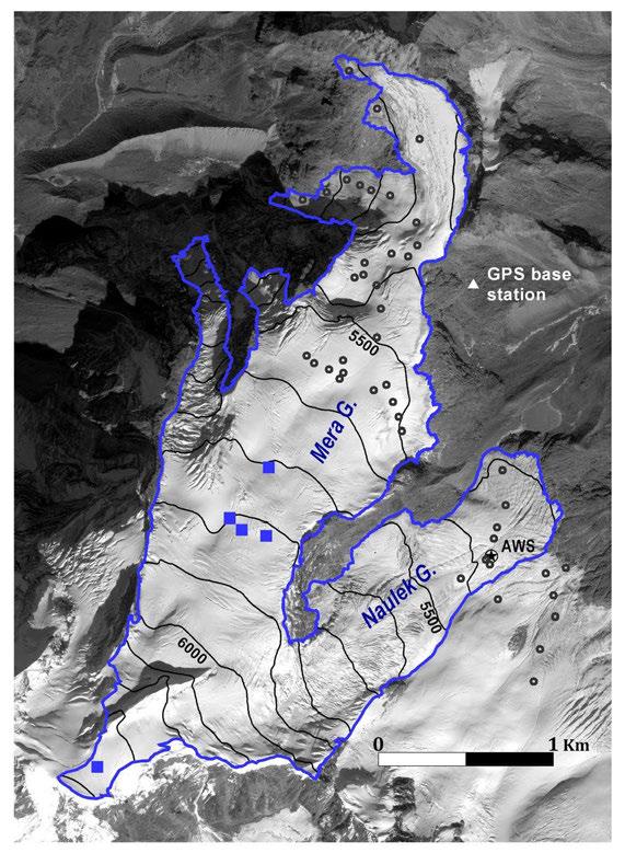 Figure 4: Map of Mera Glacier showing the ablation stake network (black circles), the accumulation sites (blue squares) and the AWS