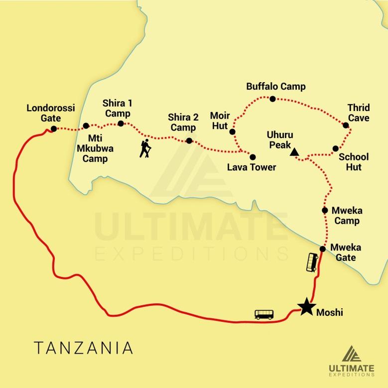 11 DAY KILIMANJARO CLIMB NORTHERN ROUTE Itinerary DAY 1 Londorossi Gate to Mti Mkubwa Elevation: 7,742 ft to 9,498 ft Distance: 6 km Habitat: Rain Forest We depart Moshi for Londorossi Gate, which