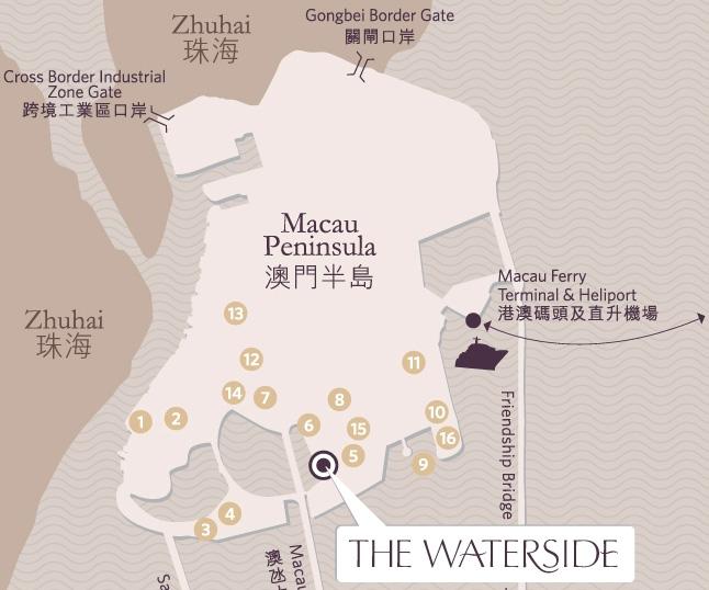 Photos of The Waterside 1. A Ma Temple 2. Penha Church 3. Macau Tower 4. Convention & Entertainment Centre 5. MGM Grand Macau 6. Wynn Macau & Wynn Encore 7. Grand Lisboa 8.
