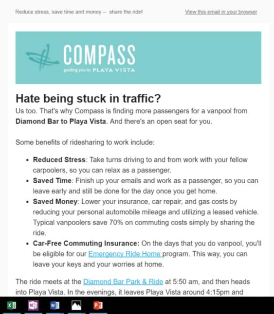 The Incentives: Join Us: Get $5 when you create a new account with Compass Post Up: When you post your carpool, you'll receive $15 Meet &