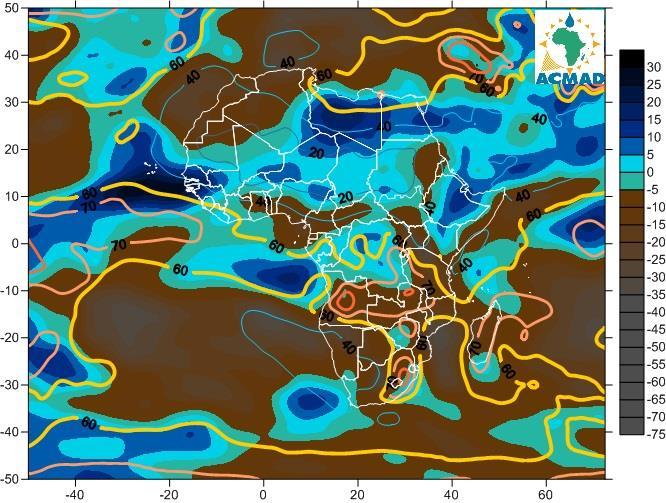 1.3 Relative Humidity (RH) at 850 hpa High RH 60% at 850 hpa (Figure 4a), was observed during the month of February 2019 over eastern Tunisia, northern Libya, south-westernmost of the Western Africa,