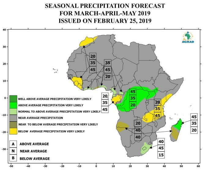 3.2 Seasonal Precipitation forecast for March-April-May 2019 The precipitation forecast for March- April-May 2019 season (Figure 10), issued on February 28 2019 reveals that: During March to May