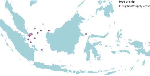 various locations Bulk carriers Mostly along coast of East Kalimantan, particularly