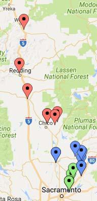 Region 1 (228miles,3hr27min) Along I-5 and Hwy 99 corridors from Mt Shasta Red Bluff and Yuba City then Hwy 20E to Penn Valley/Grass Valley thenhwy 49s to Auburn then I80W form Auburn to Carmichael