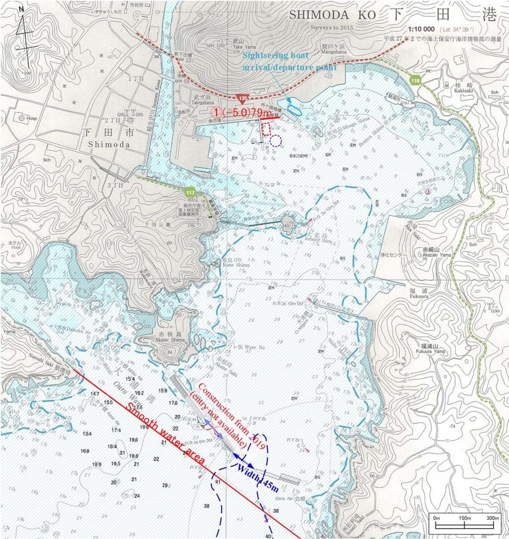 2. Overview of Legends Tender boats turning around area Wharf for boat to anchor No No National Highway Prefectural Highway Beach Width of harbor entrance Depth contour: 10m depth Depth contour: 40m
