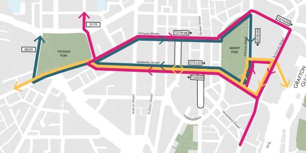 Currently, Wellesley Street is used by the Outer Link service, limited westbound Isthmus service (Dominion Road service from Symonds Street to Queen Street, Manukau Road service from Queen Street to