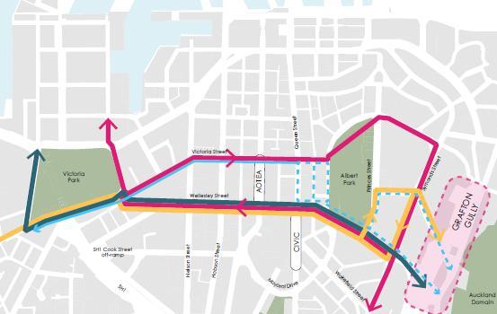 Option 4D: Victoria Street, Bowen Avenue, Symonds and Wellesley Streets Midtown cycle facility Bus provision Isthmus services Bus provision North Shore services Segregated cycleway along Victoria