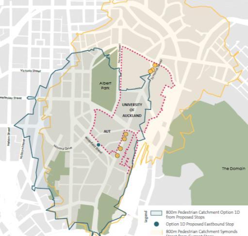 This section summarises the potential implications of relocating the outbound Isthmus bus stops from Symonds Street to either Wellesley Street or Wakefield Street from a passenger catchment,