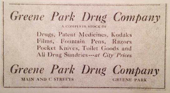 Above the drug store were the offices of Greene Park Dentists.