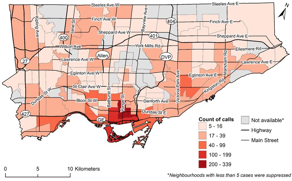 Map of suspected opioid overdose calls received by Toronto Paramedic Services by neighbourhood*, Toronto, January 1, 2018 to December 31, 2018 Source: Toronto Paramedic Services.