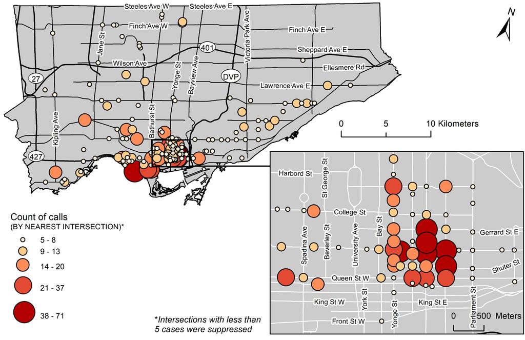 Map of suspected opioid overdose calls received by Toronto Paramedic Services by nearest main intersection*, Toronto, January 1, 2018 to December 31, 2018 Source: