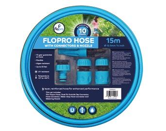 70300011 FLOPRO HOSE 15M WITH CONNECTORS & NOZZLE 3 layer, reinforced hose, for enhanced performance This set includes: 15m Flopro Hose, Dual Fit Outside Tap Connector (1/2" & 3/4"), Hose
