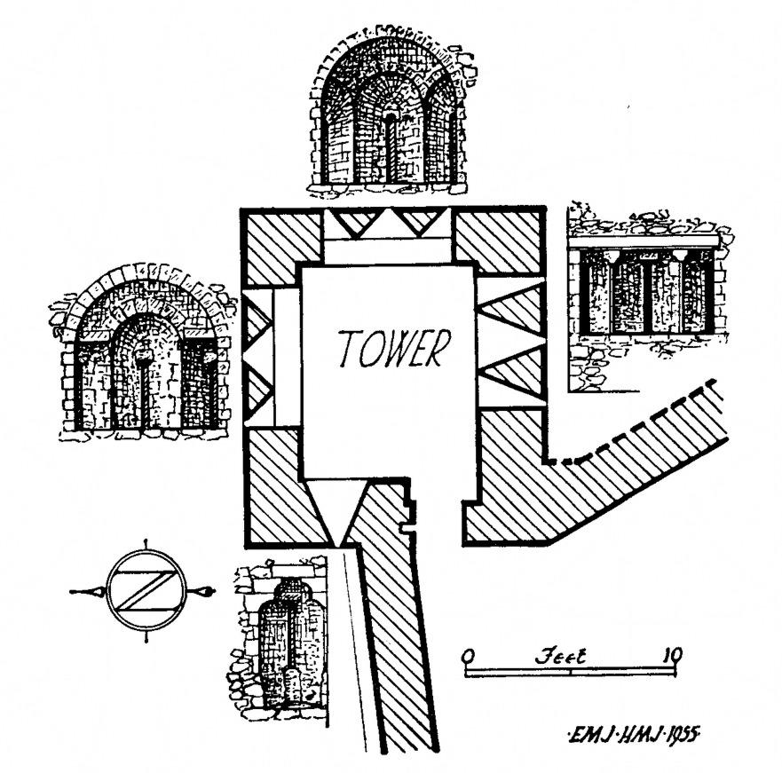 Fig. 30. Carrickfergus Castle. The East Tower, c. 1210-15, from the west. After Jope, 1955, showing variations of design for the crossbow embrasures.