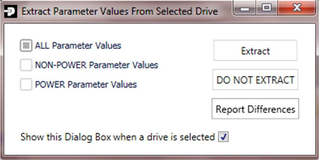 Drive : Extract All Parameter values Cette commande permet d extraire tous les paramètres du variateur sélectionné, attention uniquement les paramètres pas le projet.