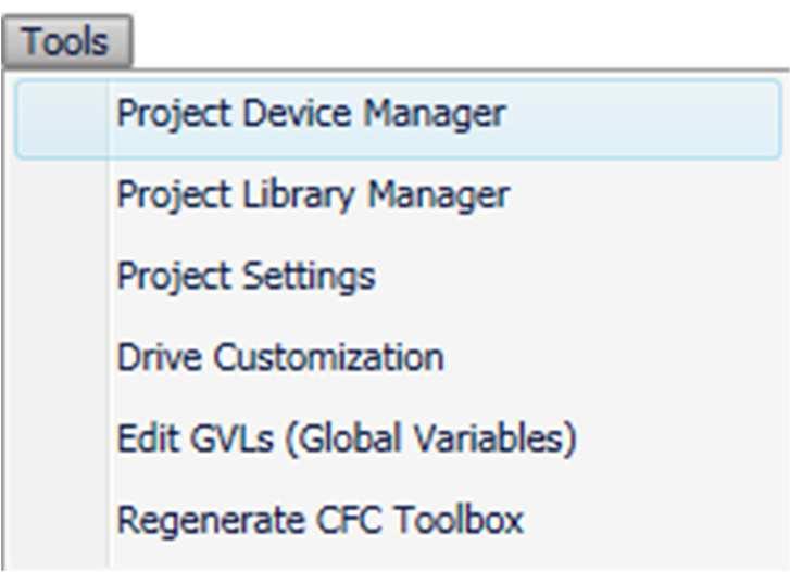 Menu: Tools Tools : Project Device Manager Project Device Manager permet de modifier la version firmware de la template d un projet existant soit vers une version plus récente ou plus ancienne ou