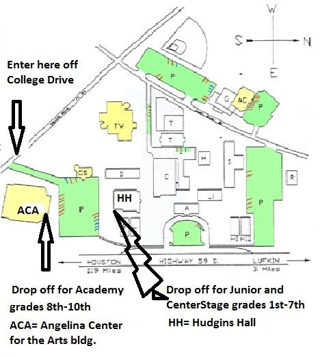 JUNIOR & CAMP CENTERSTAGE: (Grades 1st- 7 th ) Enter from College Drive (the side entrance of AC) and circle around the parking lot to Hudgins Hall. Drop off your kids at the double doors.