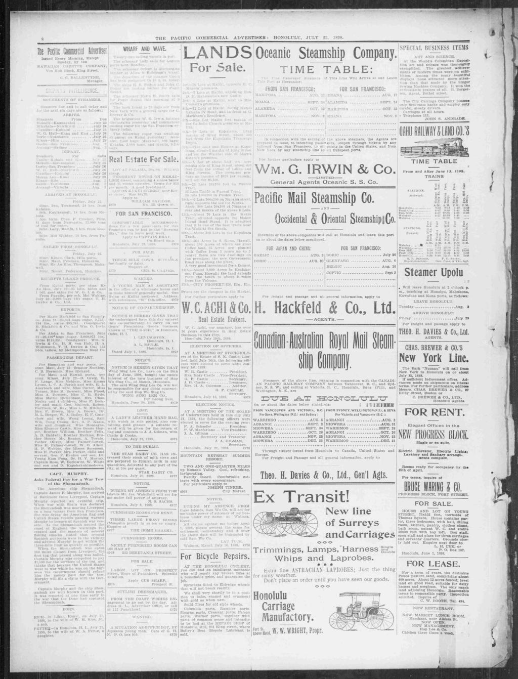 8 TE PACFC COMMERCAL ADERTSER: HONOLULU, ULY 2, S9S ssued Evey Mg, Excep Suday, by he AWAHAN GAZETTE COMPANY, Yll Blck, Kg See C O PALLLNTYNE, Maage MOEMENTS OF STEAMERS Seaes due ad sal day ad he ex