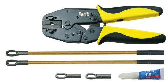 Fish Tape Accessories Fiberglass Fish Tape Repair Kit Contains high leverage ratcheting crimper, two replacement eyelets, two 7" replacement leaders, one tube of quick dry glue and comprehensive