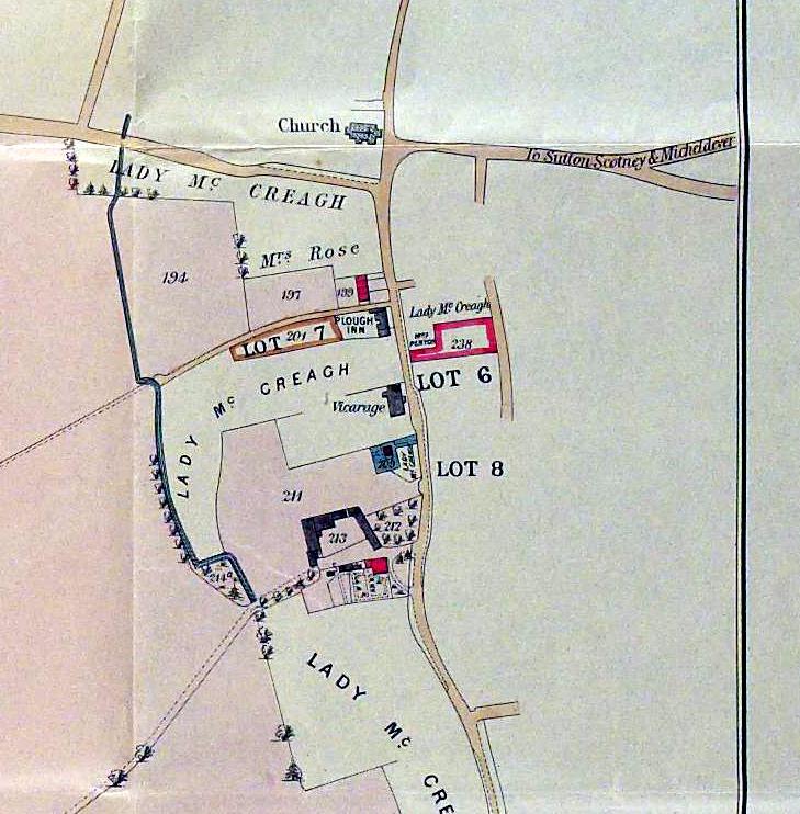Lots 6, 7 and 8 were in Barton Stacey village. Lot 6 (no. 238 & edged in red on the plan) was called a 'valuable piece of accommodation pasture land known as Pigeon House Piece' and measured 2r. 37p.