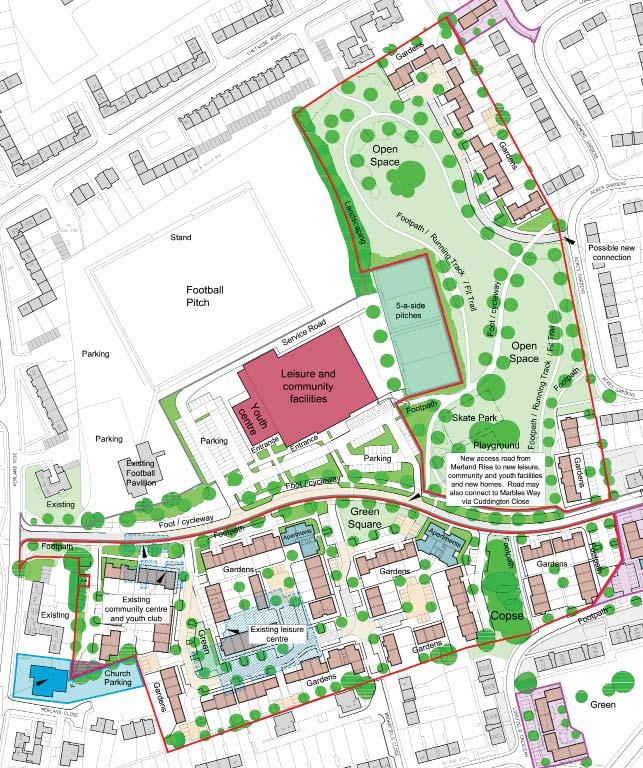 Merland Rise Recreation Ground : new homes and improvements to open space An outline planning application is being prepared for the new homes planned on the site of the current leisure centre and on