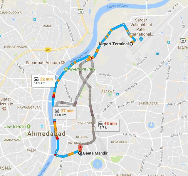Route from Ahmedabad Airport to Geeta Mandir Bus Stand ii) Taking the Volvo bus from Ahmedabad to Rajkot There are Volvo buses available from Ahmedabad to Rajkot route, operated by Gujarat State Road