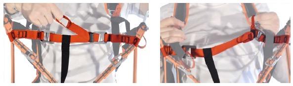 Chest strap adjustment Page 10 The chest strap adjusts the distance between the two karabiners, and it can be set between 37 and 48 centimetres. When the chest strap is tighter, stability is greater.