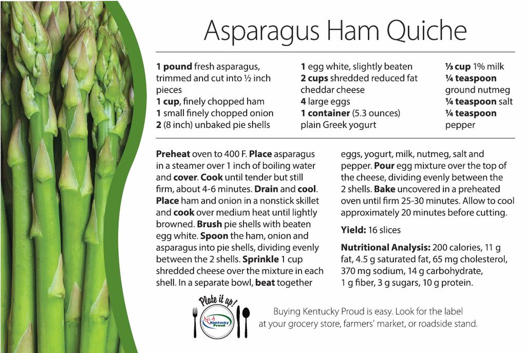 Recipe Corner Asparagus is in season from April through May in Kentucky. They are a good source of Vitamin A and folate.