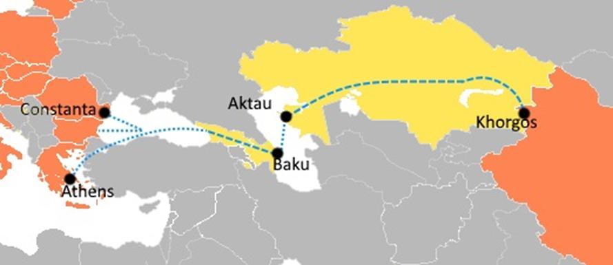 Kazakhstan-to-Greece route The Piraeus to Khorgos route connects the port, to the Georgian terminals of Batumi and Anaklia across the Black Sea Using the Black and Caspian seas means that China's