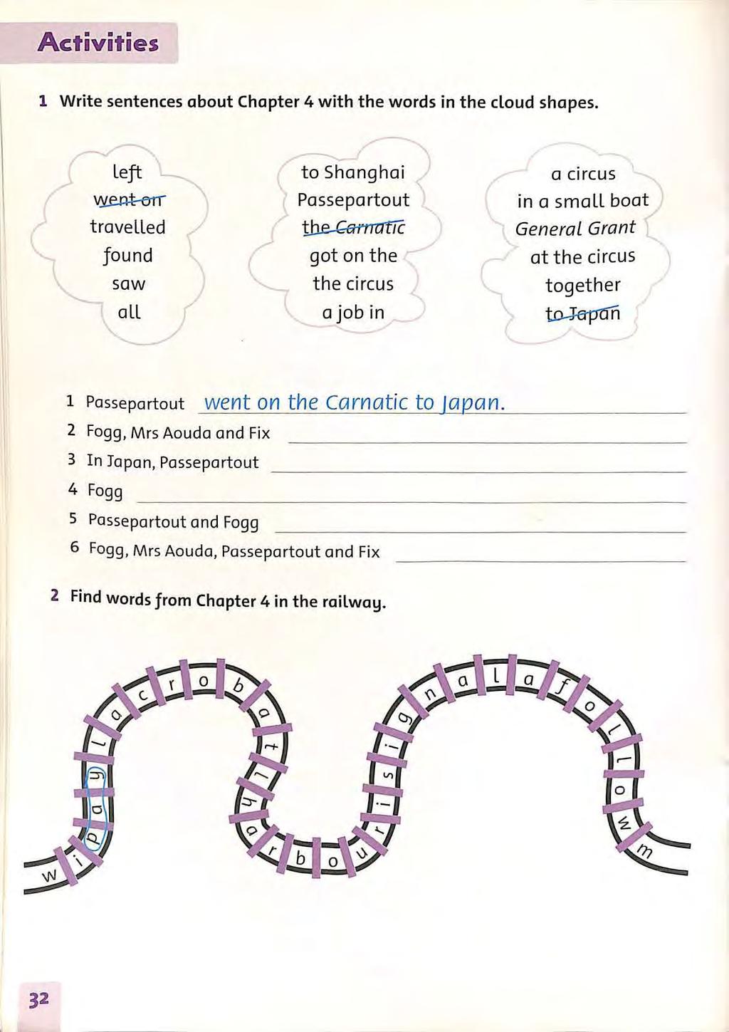 Activities 1 Write sentences about Chapter 4 with the words in the cloud shapes.