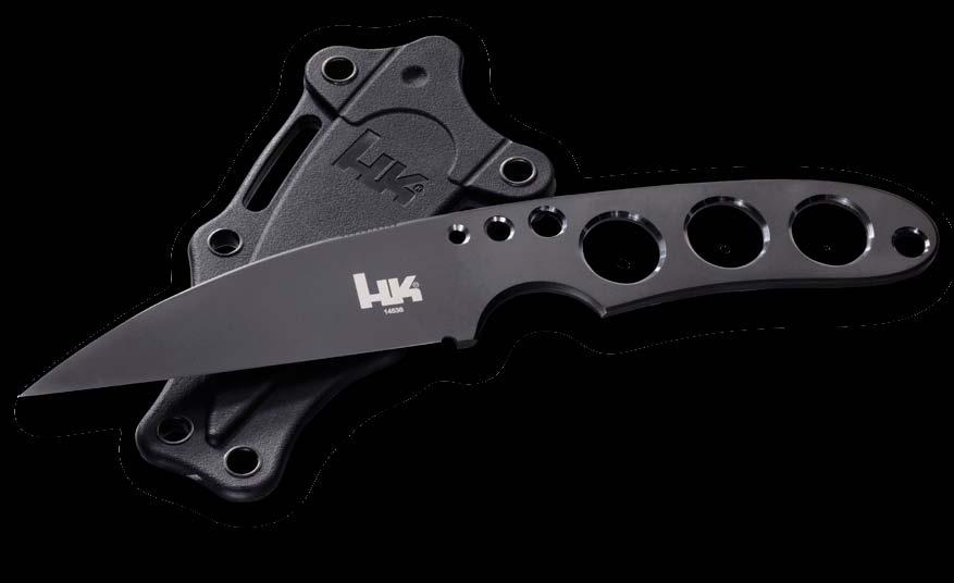 Instigator 14536 Modified Wharncliff AUS-8 stainless steel blade (58-60HRC) Full tang skeletonized handle Snap-Fit molded Kydex /thermoplastic sheath with teather Skeletonized to