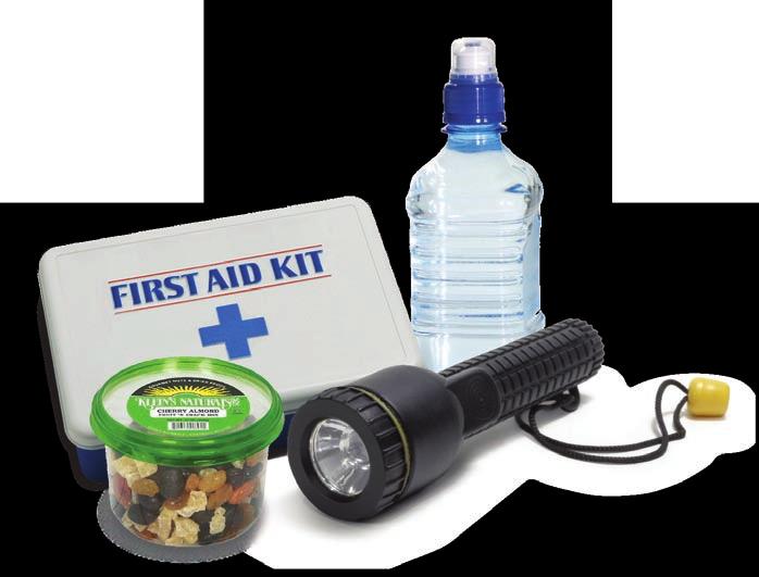 First aid kit Extra water Snack foods Emergency contact numbers