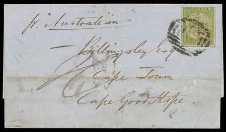 - Postal History 200T Lot 432 432 C B 1852 outer to the Cape of Good Hope "p Australian" with Sydney View 3d yellow-green/bluish SG 42 (3 large margins & just shaved at the top) tied by
