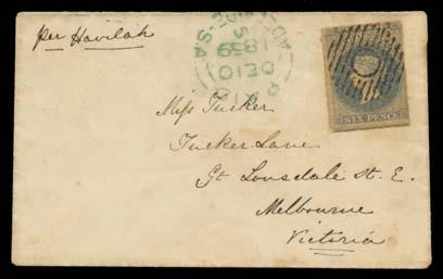 Prestige Philately - Auction No 156 Page: 2 SOUTH AUSTRALIA - Postal History (continued) 554 C B Lot 554 1859 ladies cover to Melbourne "per Havilah" with First Roulettes 6d slate-blue SG 17 not