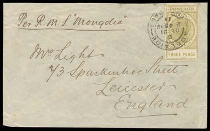 Lot 572 572 C A- 1911 apparently commercial cover to England with Thick 'POSTAGE' 3d olive tied by Adelaide cds.