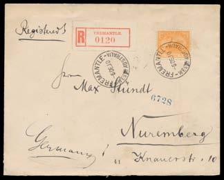 Prestige Philately - Auction No 156 Page: 3 WESTERN AUSTRALIA - Postal History 746 C A- Lot 746 1910 registered double-rate cover (overpaid 1d) from a passenger on board the SS Zeiten to Nuremberg