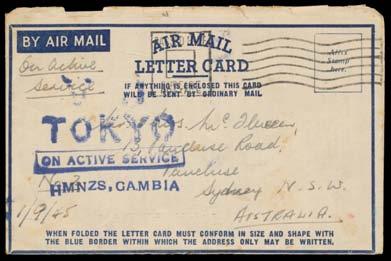 ACTIVE SERVICE/HMNZS GAMBIA' cachet in blue & 'PASSED FREE/...' machine cancel, minor peripheral faults & some minor toning.