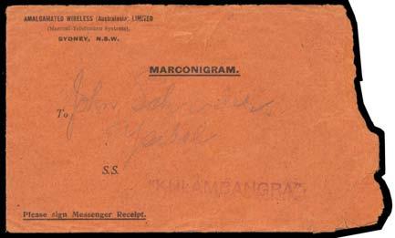 Prestige Philately - Auction No 156 Page: 5 SOLOMON ISLANDS - Postal History 1024 C C Lot 1024 1915 black/orange AWA 'MARCONIGRAM' envelope to "John Schroder/Ysabel" with a very fine strike of the