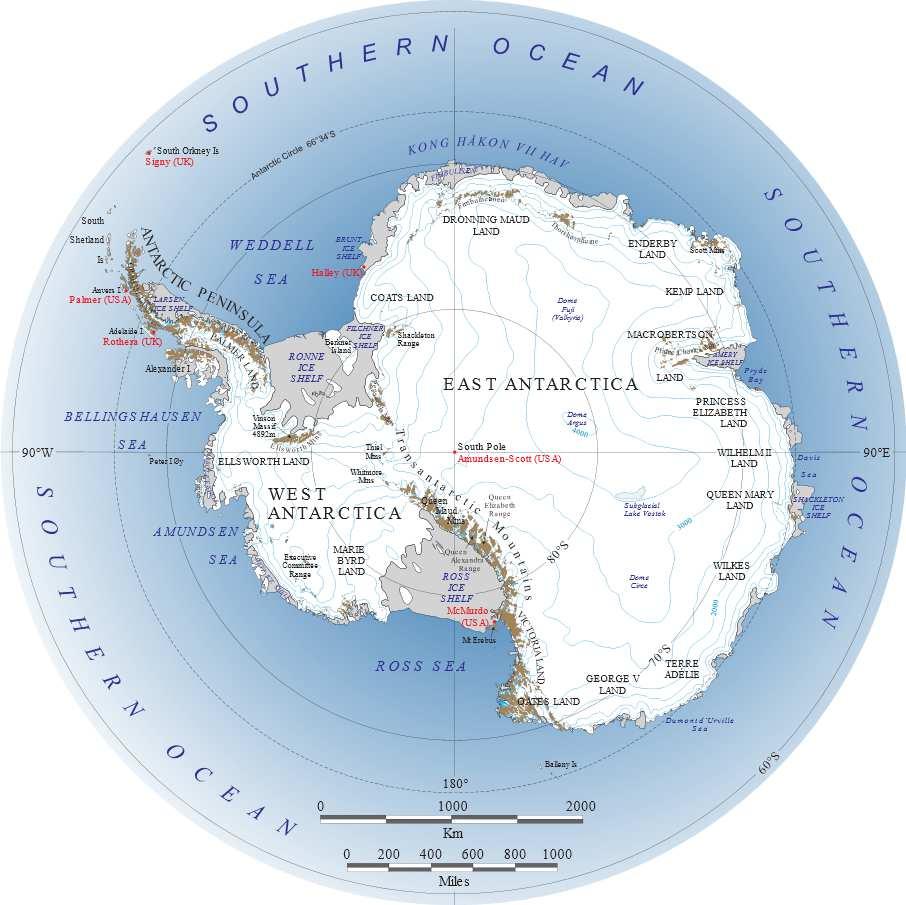 The Antarctic ice sheet Contains 70% of the Earth s fresh water and 90% of its ice. The East Antarctica ice sheet covers 10 million km 2 and is over 4km thick in places.