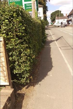Figure 12: Existing hedge narrows the footpath on the southern side of the Falcon Inn entrance The hedge encroaches onto the footway restricting the usable width of the footway for pedestrians over