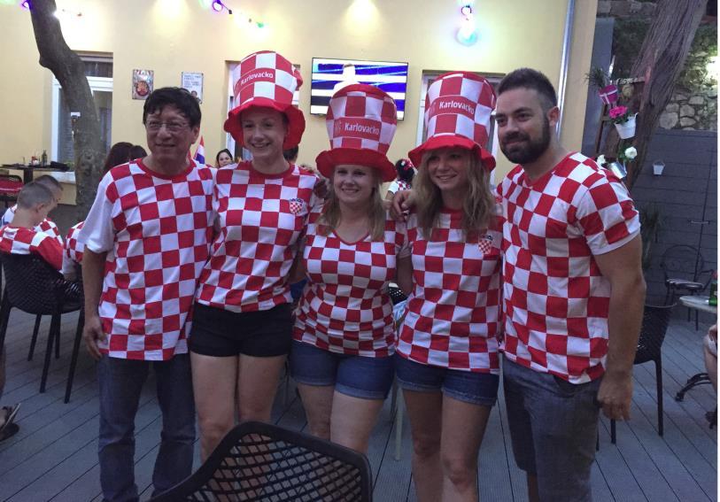 and watch the game. Everyone had some Croatian red and white checkered shirts and hats. The atmosphere was great. The food also. We celebrated every goal Croatia scored.