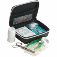 Features 31 piece first aid kit packed in deluxe black PU pouch with silver zipper.