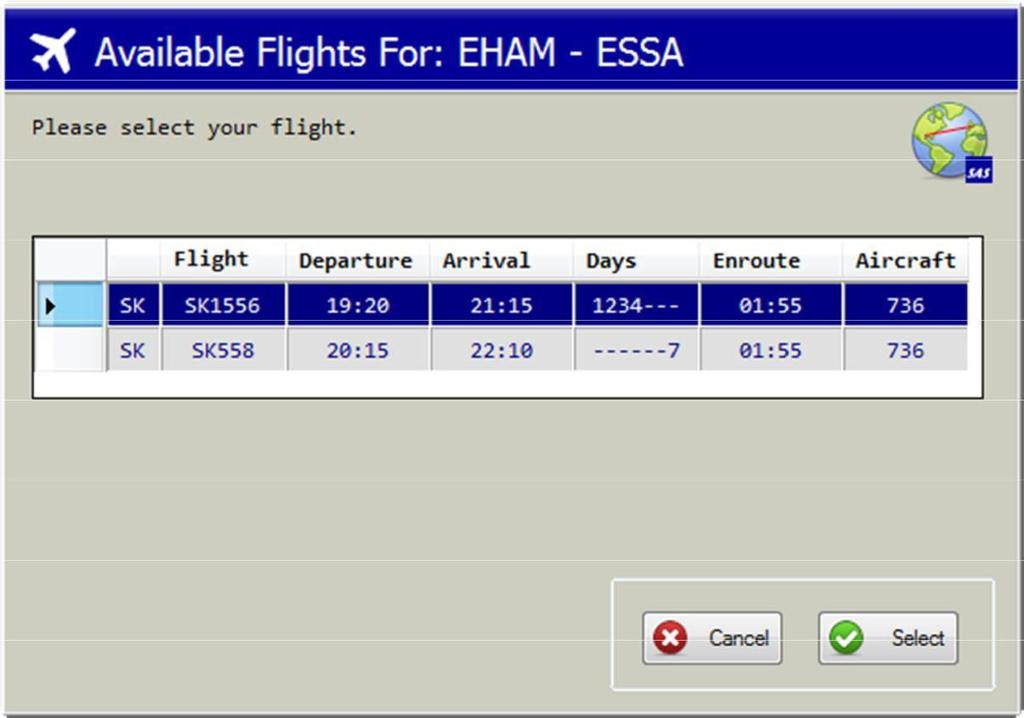 When the departing and arriving airport have been selected, you can choose a specific flight by clicking on the Flights button (3).