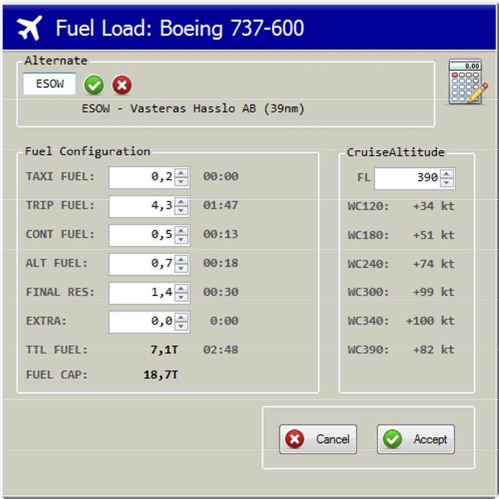 If the calculated amount of fuel does not meet your requirements, press the Configure Fuel button (2) In this screen the alternate airport can be selected (which impacts the required amount of fuel).