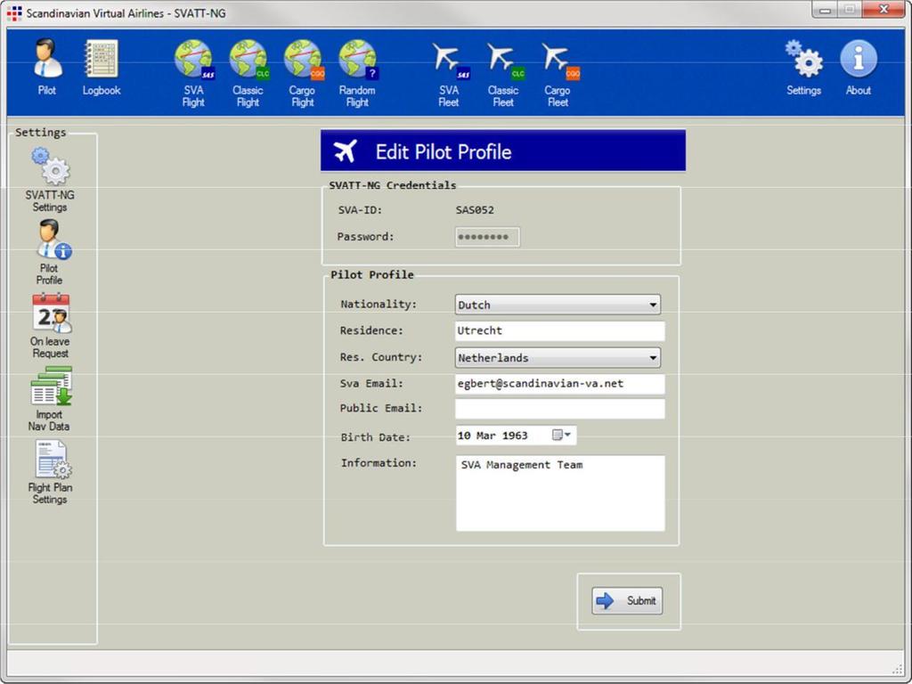 Edit Pilot Profile Your own profile can be edited here. The information is used to publish on the SVA web site in your personal pilot web page.