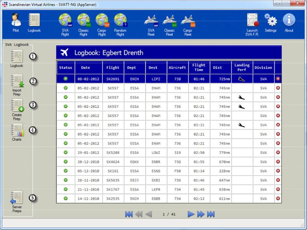 4. Pilot Logbook All your pireps (pilot reports) are stored in a local database. 1. Logbook view. 2.