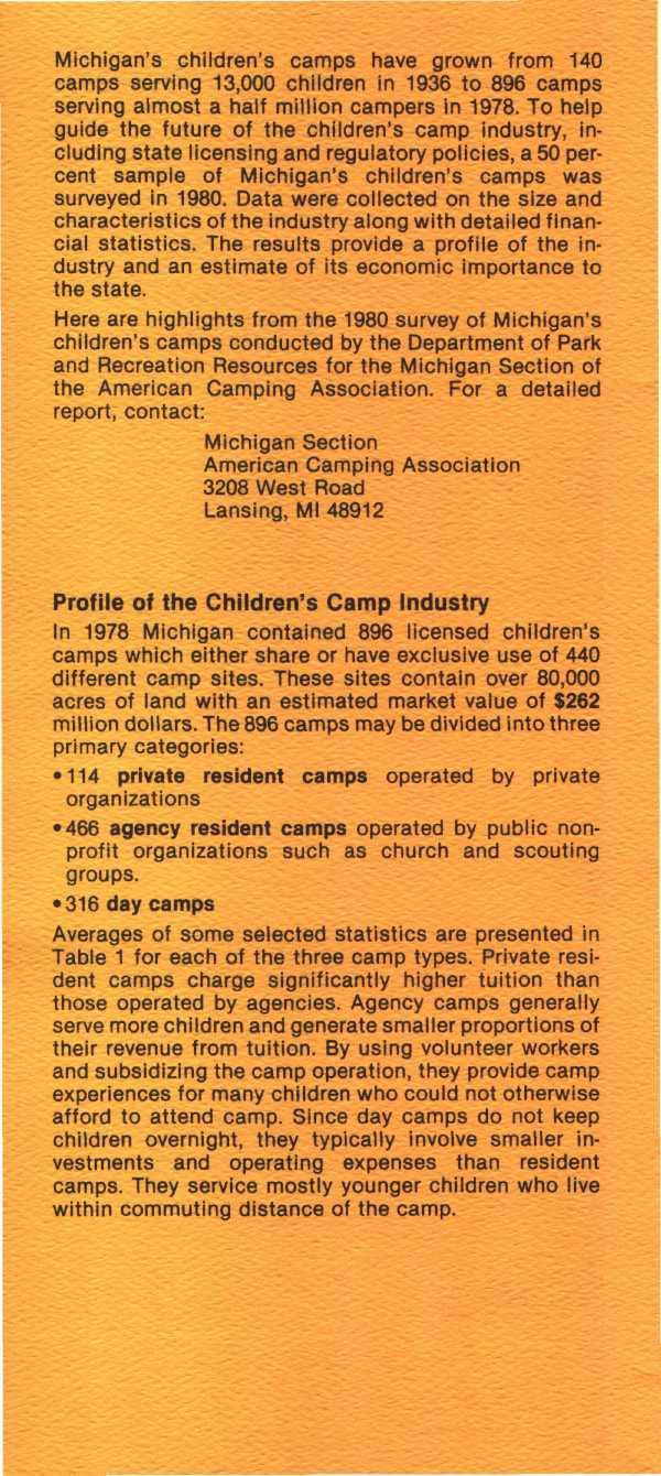 Michigan's children's camps have grown from 140 camps serving 13,000 children in 1936 to 896 camps serving almost a half million campers in 1978.